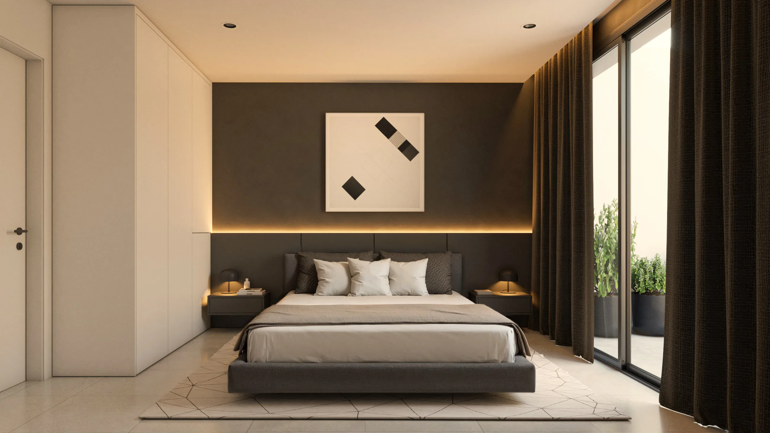 Dormitorio con cabecera integrada, luz cálida, cortinas y salida al exterior
