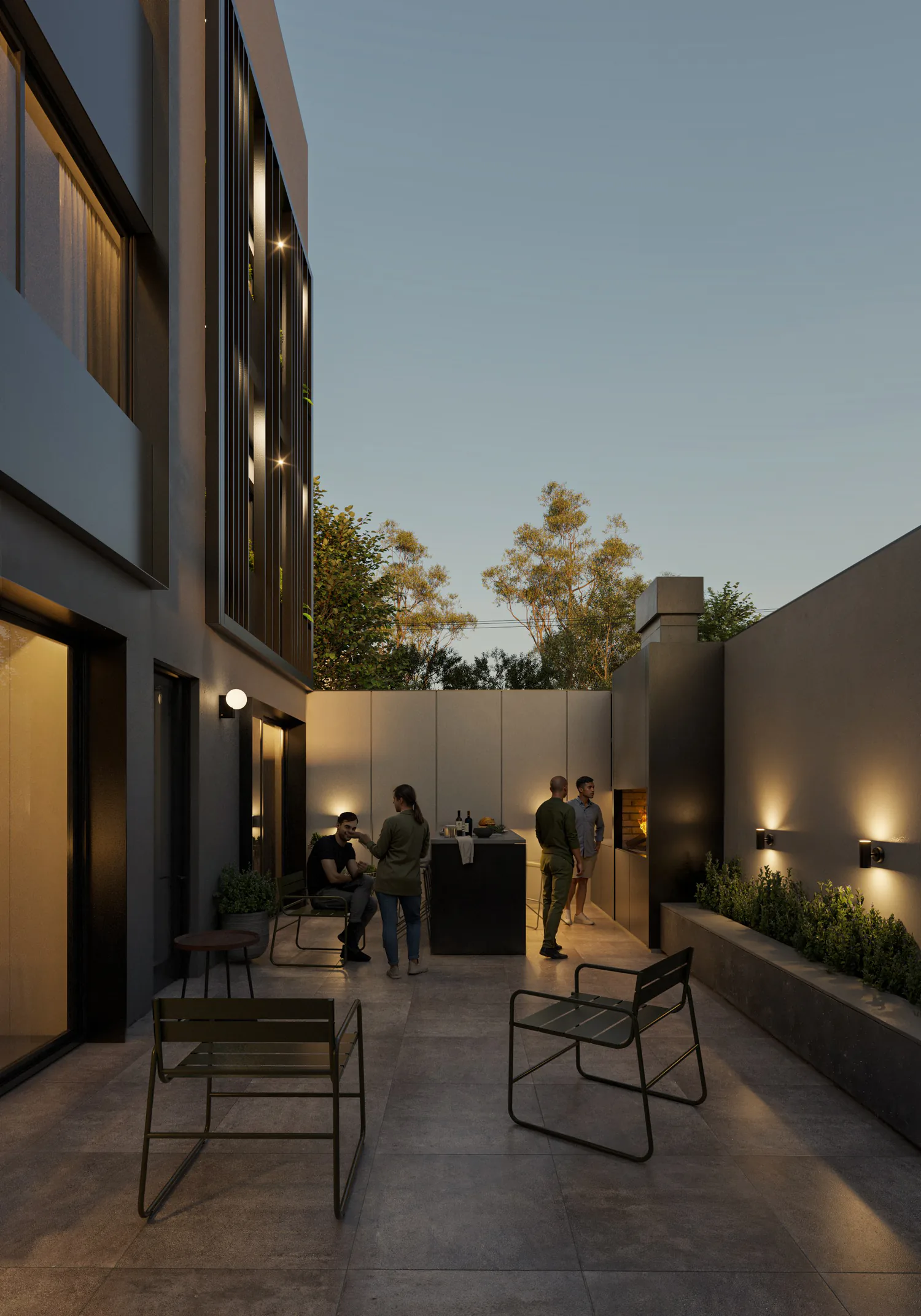 Patio de planta baja al atardecer con personas reunidas