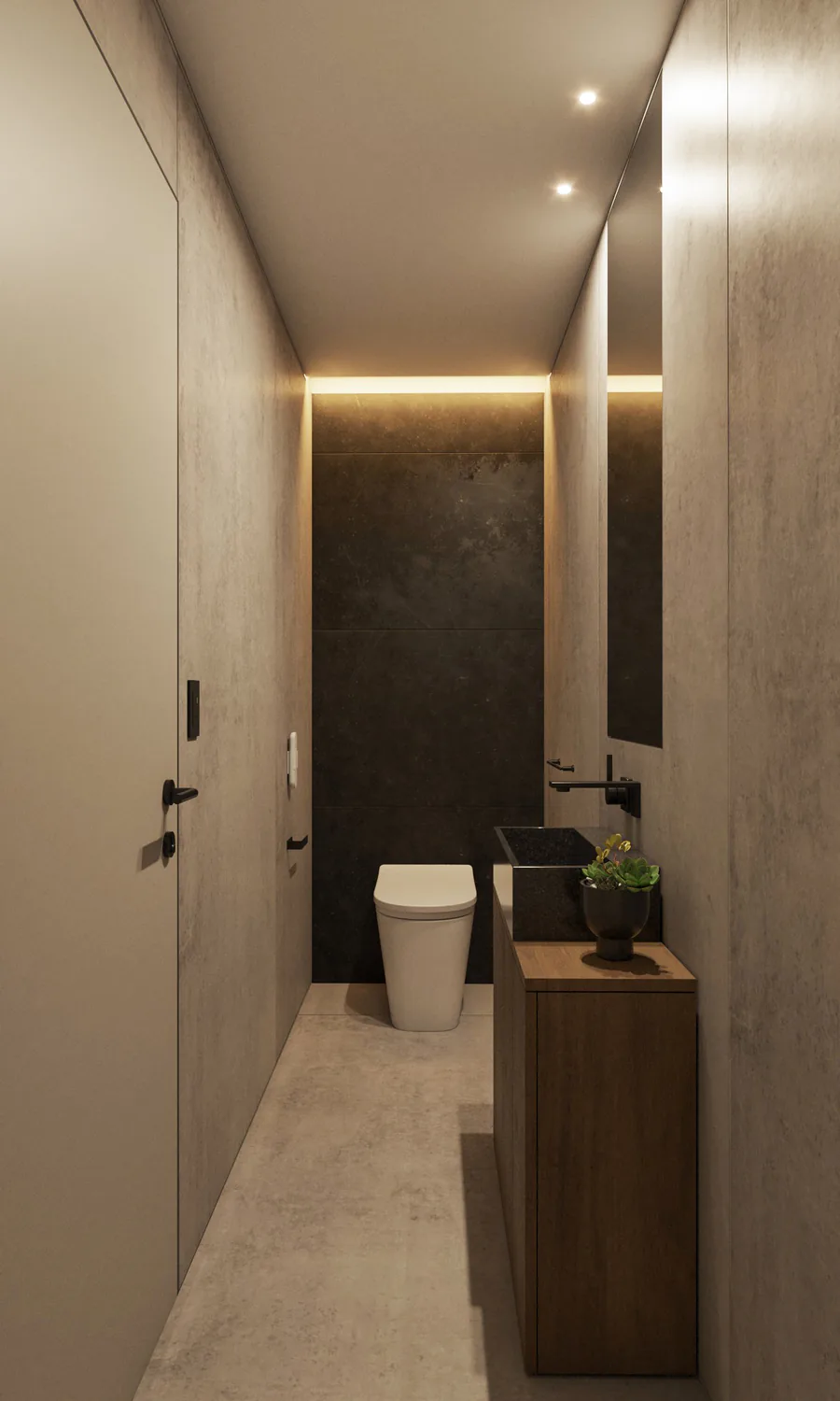 Toilette de planta alta con mueble de madera y luz en garganta